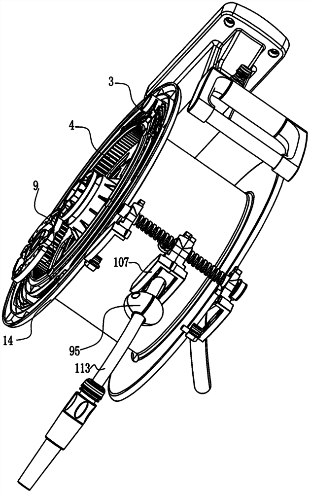 Hydrodynamic walking arranging and thumbing hand slow retraction pipe coiling device