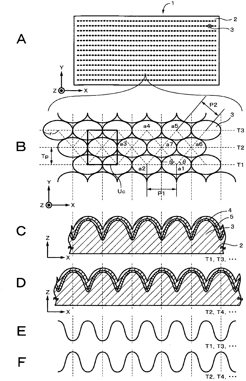 Conductive optical element, touch panel, information input device, display device, solar cell, and master for production of conductive optical element