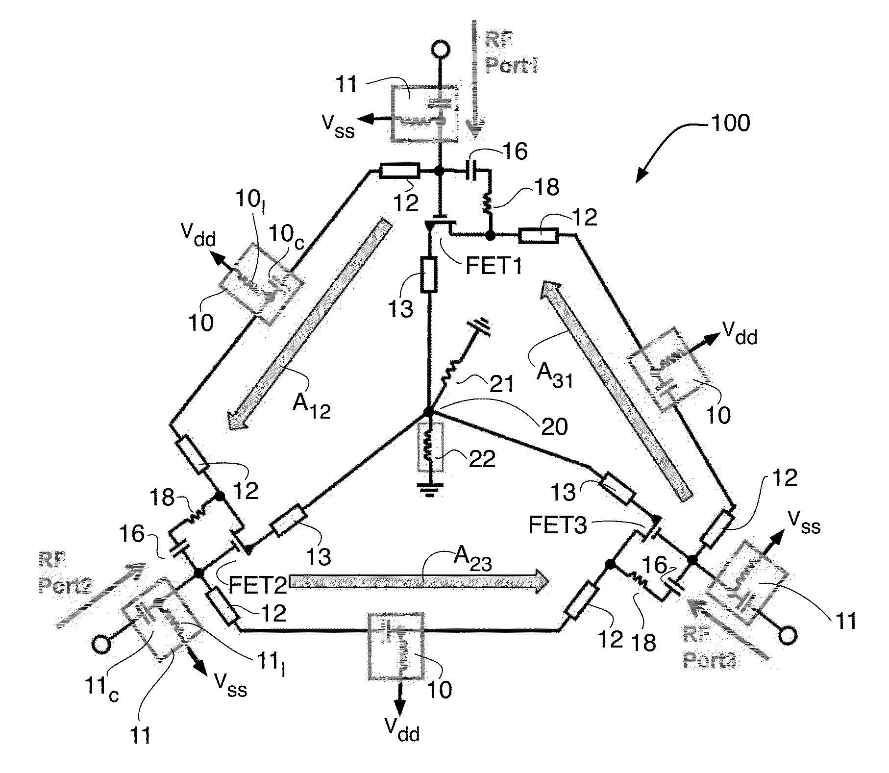 Effective biasing active circulator with RF choke concept