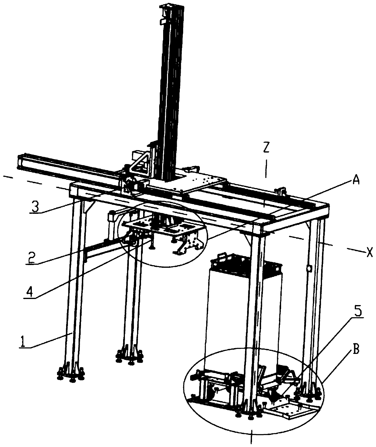 High-precision positioning and grabbing device for gearbox part cleaning material basket