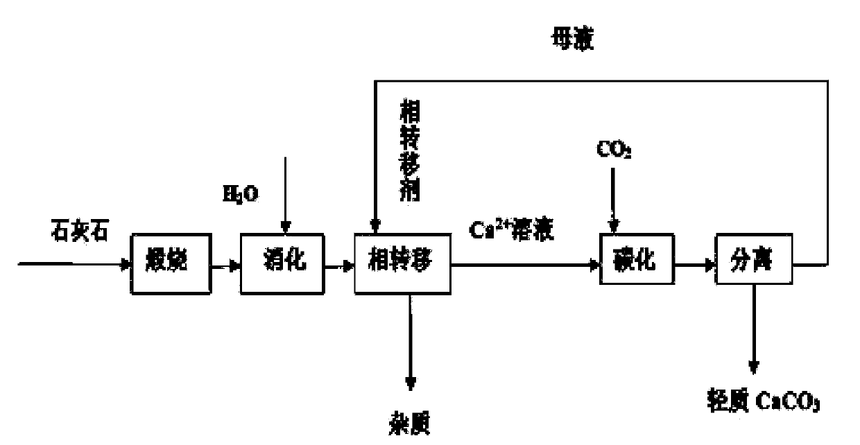 A preparation method for light calcium carbonate by using a phase transfer-carbonization method