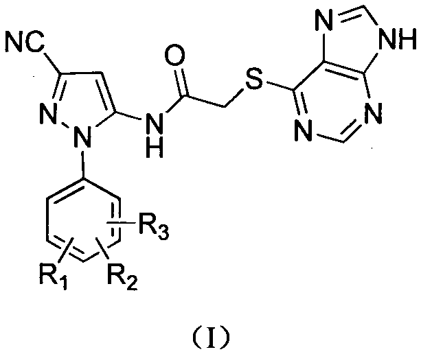 Halobenzene cyanopyrazole compound containing purine structure as well as preparation method and application