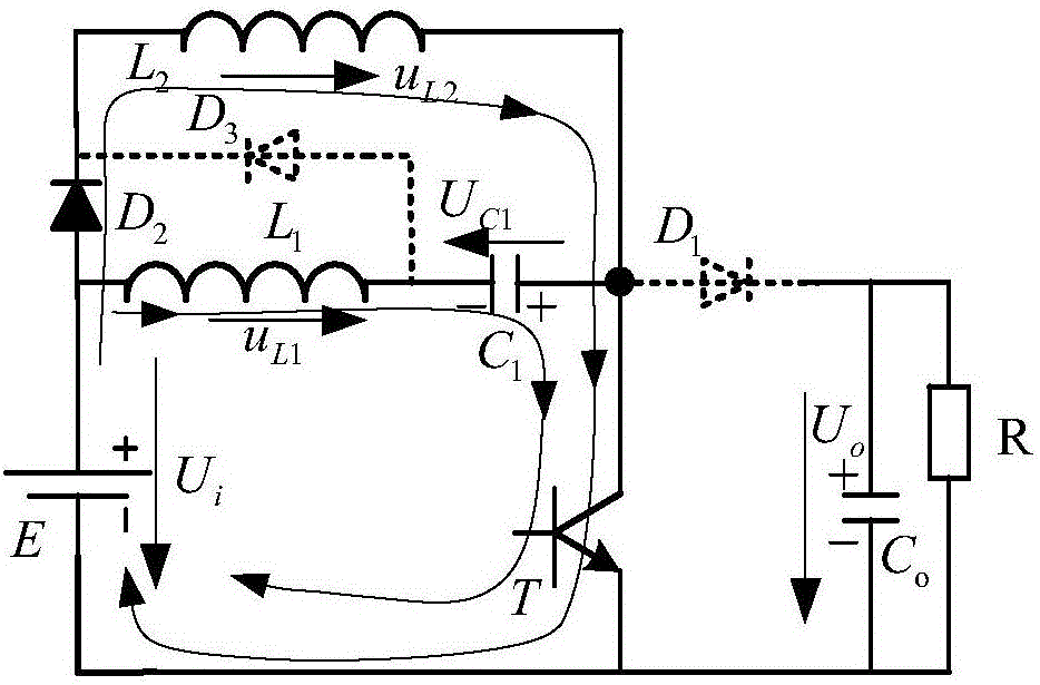 Single-tube and high-gain direct-current voltage boosting circuit with additional electrical potential excitation and superposition