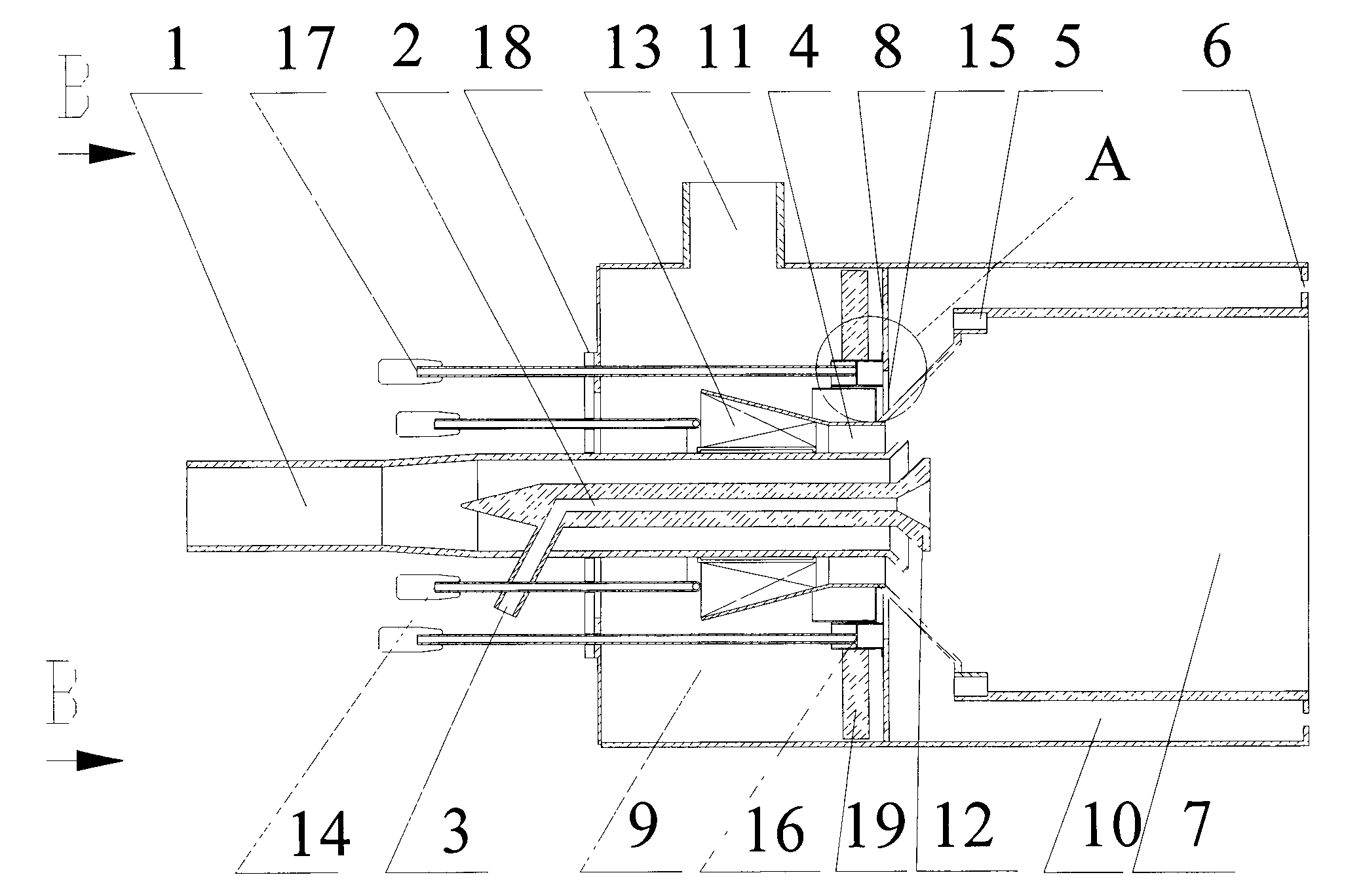 Self-stabilizing three-stage air-distribution low-NOx pulverized coal burner