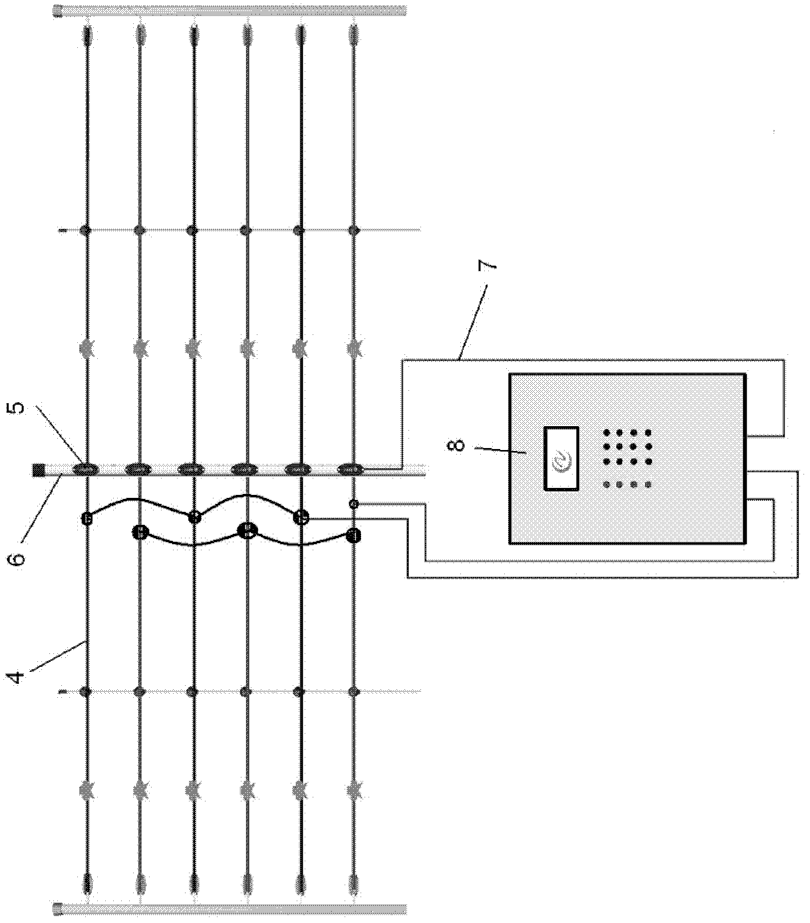 Displacement type tension monitoring module for cables and electronic fence using same