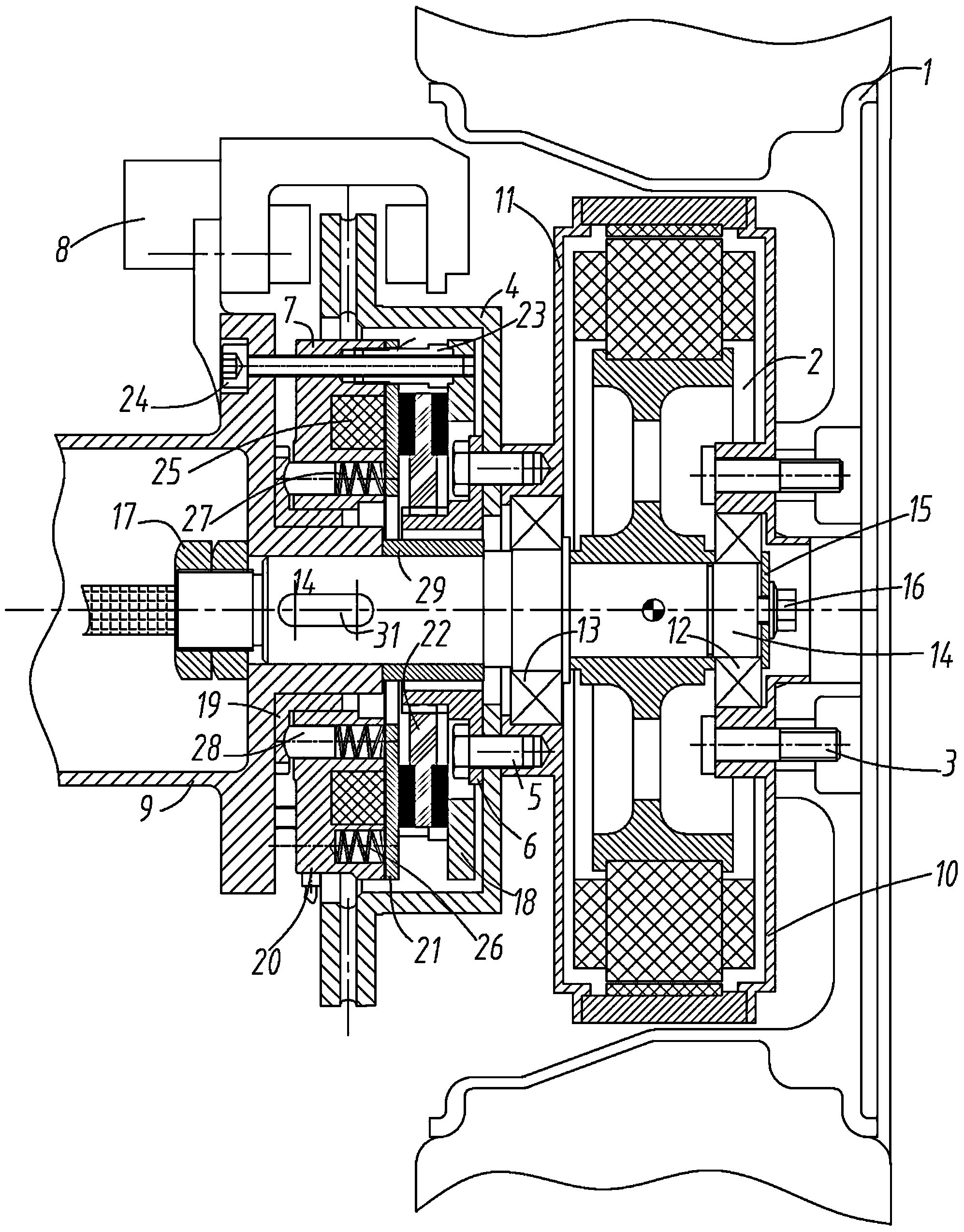 Split electric wheel system with excitation-free electromagnetic parking braking device