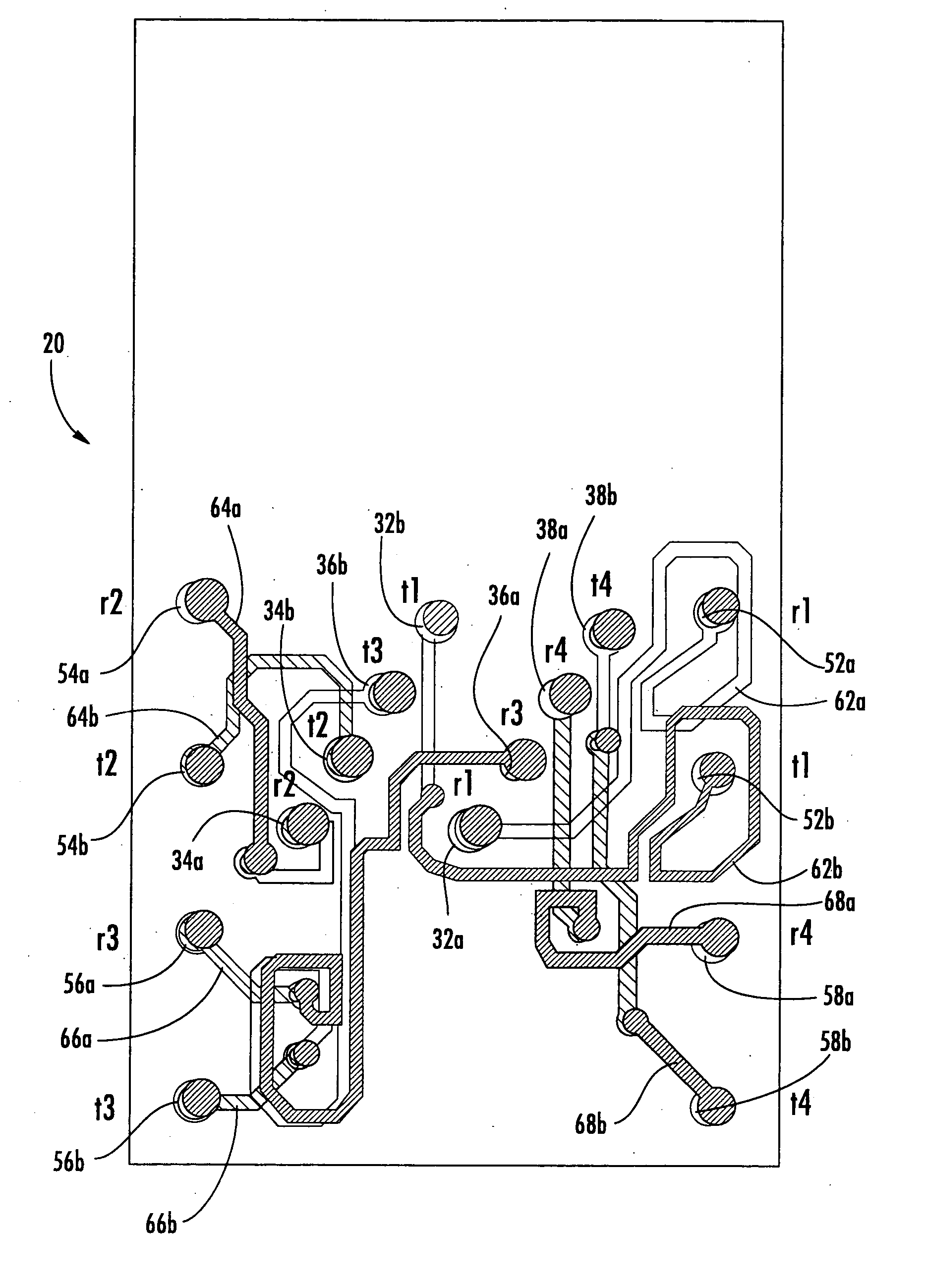 Communications jack with compensation for differential to differential and differential to common mode crosstalk