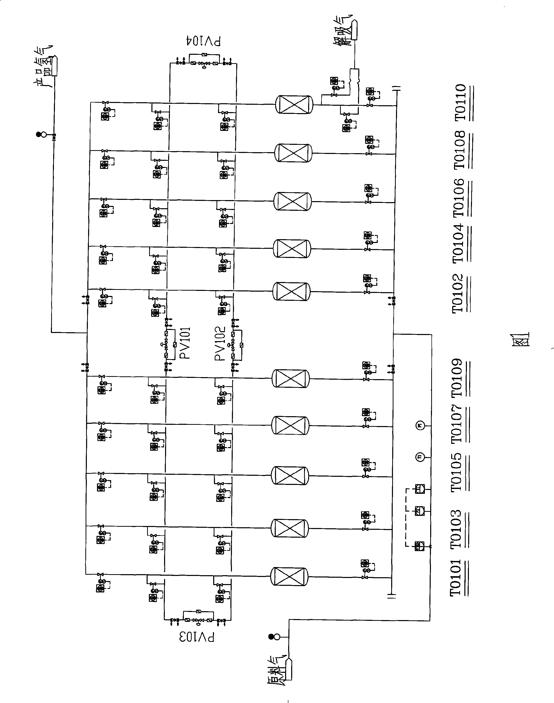 Multiple placing in turn interleaving flushing pressure variable adsorption technique