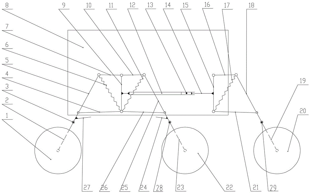 Multi-spring constrained quadrilateral foldable and extendable suspension type six-wheel vehicle-mounted mechanism