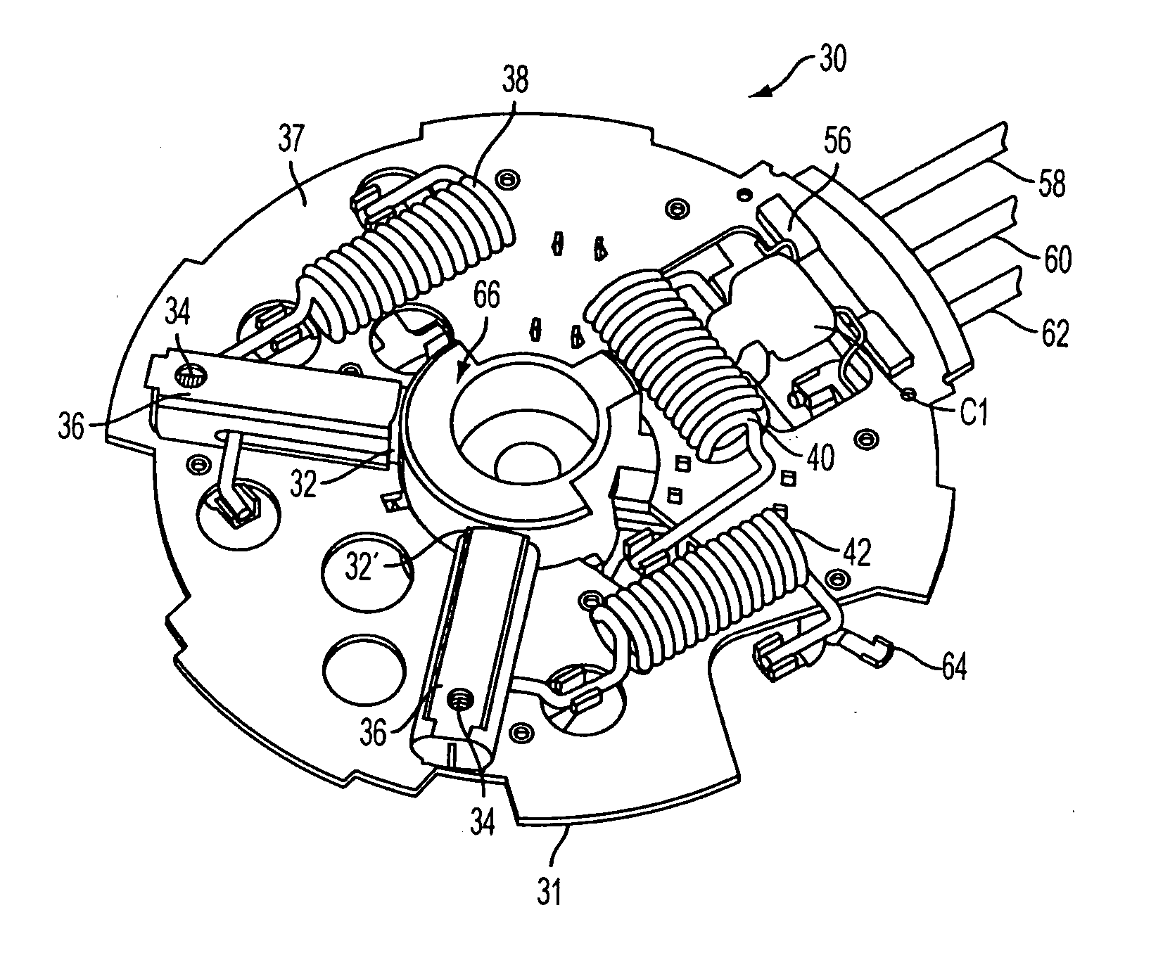 Brush card assembly with RFI suppression for two or three speed permanent magnet brush motor with link wound dual commutator and dual armature winding configuration