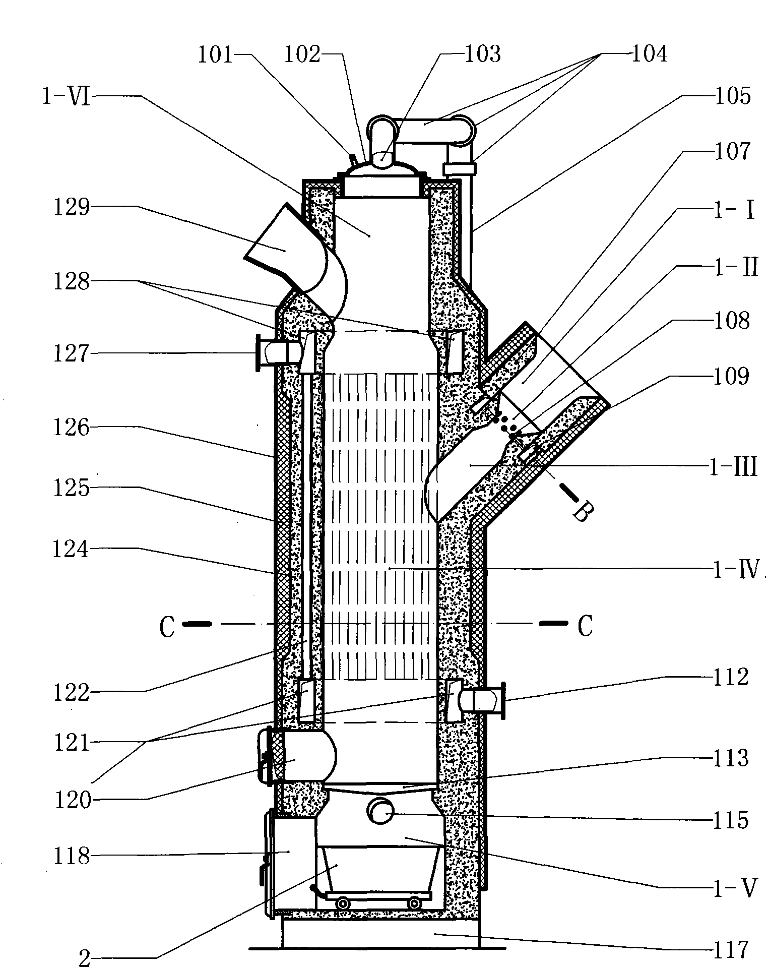 Solid fuel gasification and combustion device and boiler