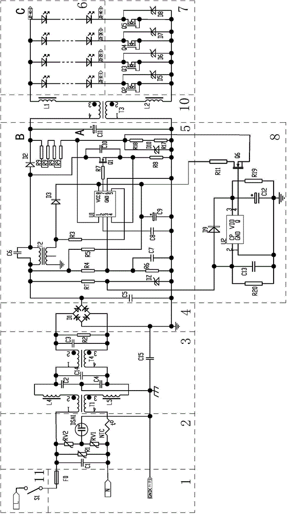 Wide-voltage-range LED (light emitting diode) lamp switching and dimming driving circuit and LED lamp dimming control system