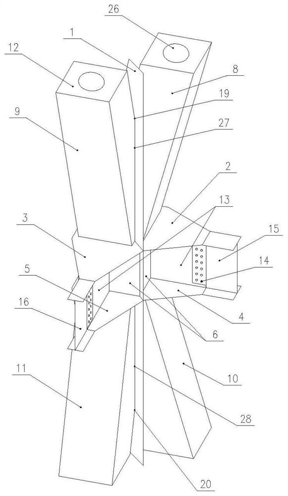 A kind of dk-type space converging node formed by welding box-shaped steel pipes and its application