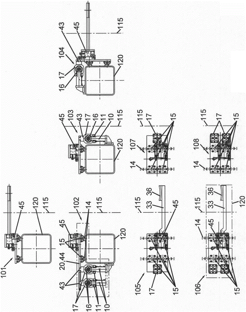 Transport device, a production installation, a multistage forming press, and a method for manufacturing products from work pieces by means of a production installation