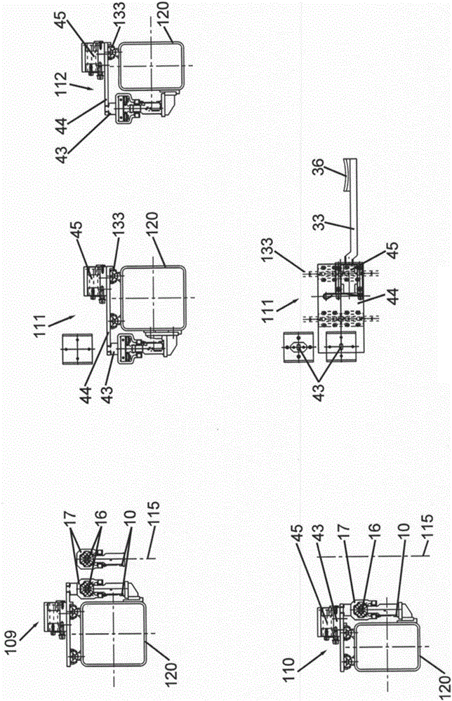 Transport device, a production installation, a multistage forming press, and a method for manufacturing products from work pieces by means of a production installation