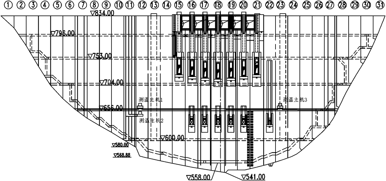 Distributed temperature measuring optical fiber laying and burying process for concrete dam