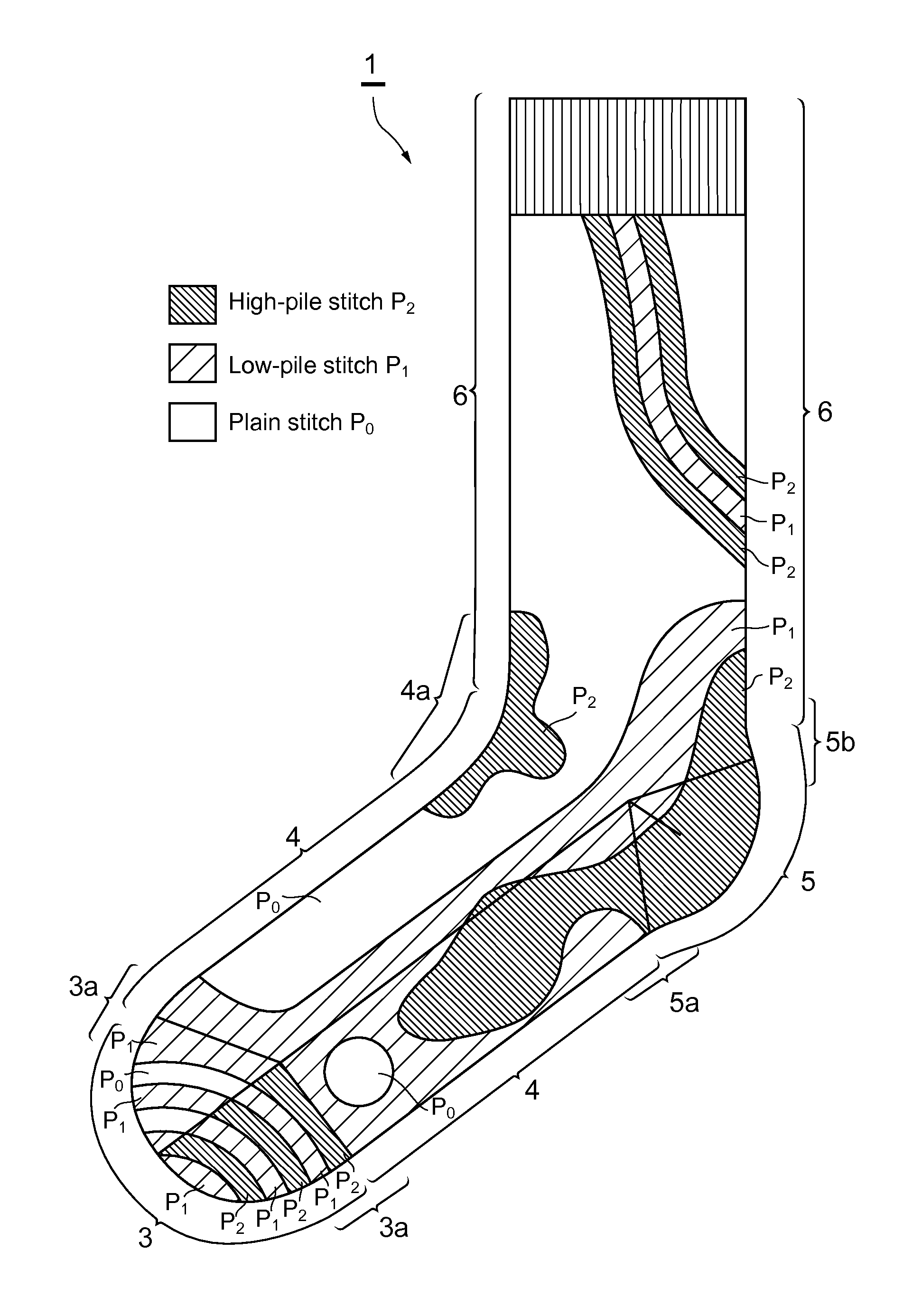 Knitted fabric with different pile lengths, knit product and socks using the same