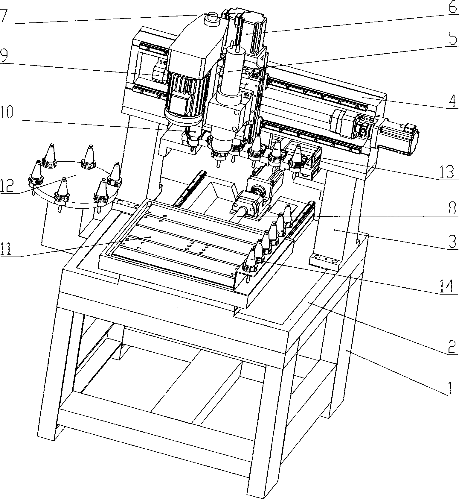 Small-sized gantry double-main shaft numerical control machine for drilling, milling and tapping