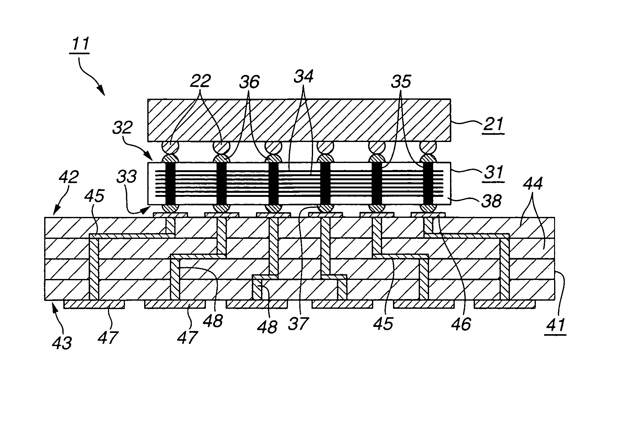 Assembly of semiconductor device, interposer and substrate