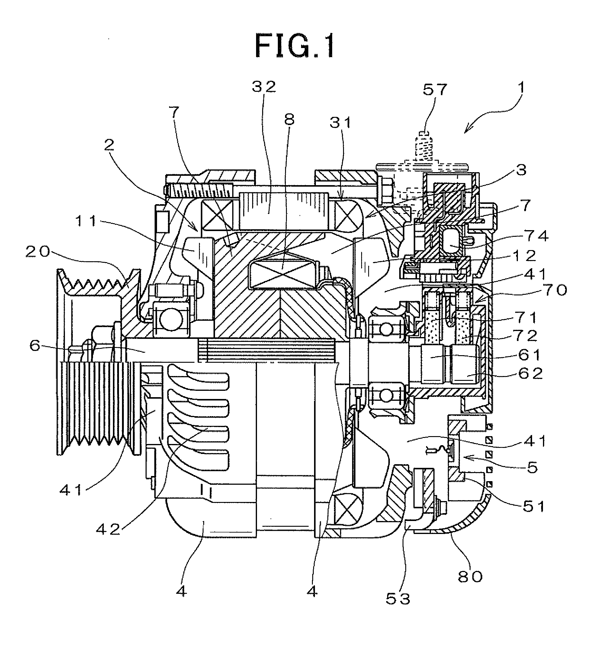 Alternator for vehicle with heat dissipating fin