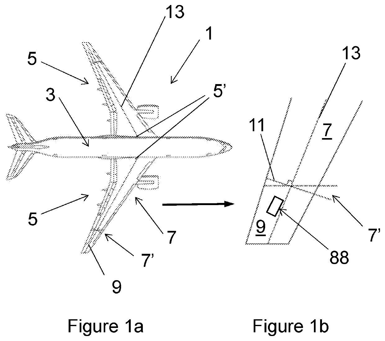 Apparatus, aircraft and method for moving a wing tip device away from a load-alleviating configuration