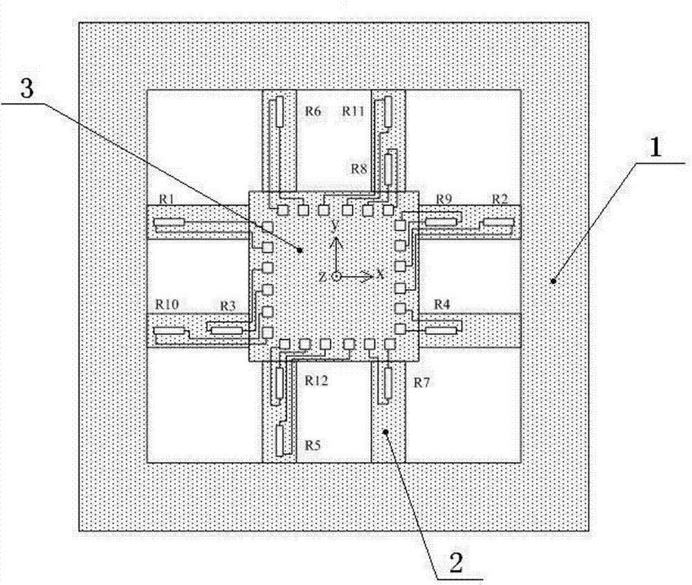 Single-chip integrated eight-beam-arm triaxial accelerometer