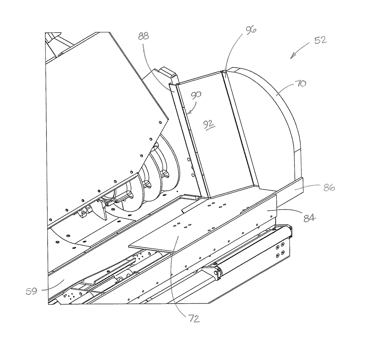 Material transfer vehicle having an expandable truck-receiving hopper