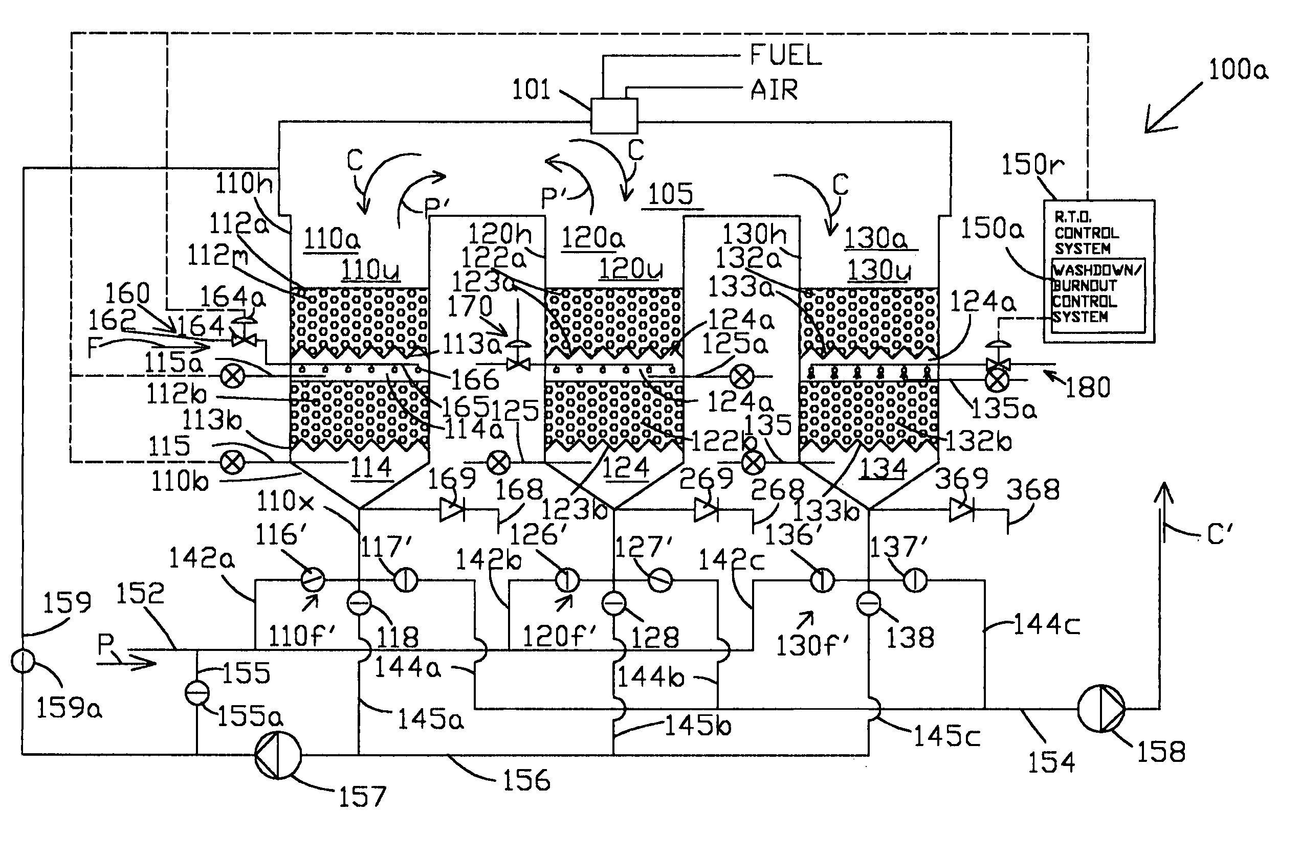 Regenerative fume-incinerator with on-line burn-out and wash-down system