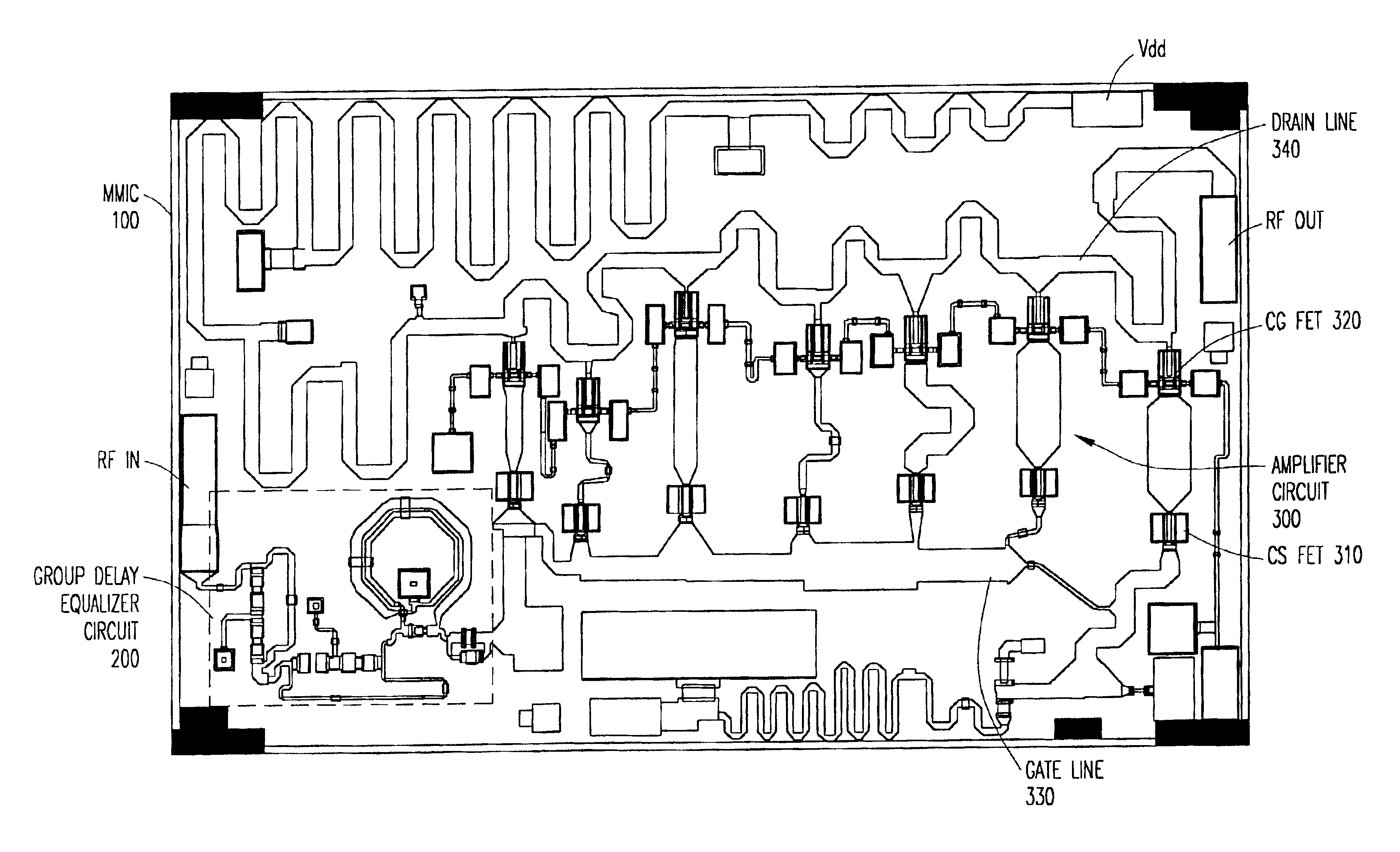 Group delay equalizer integrated with a wideband distributed amplifier monolithic microwave integrated circuit