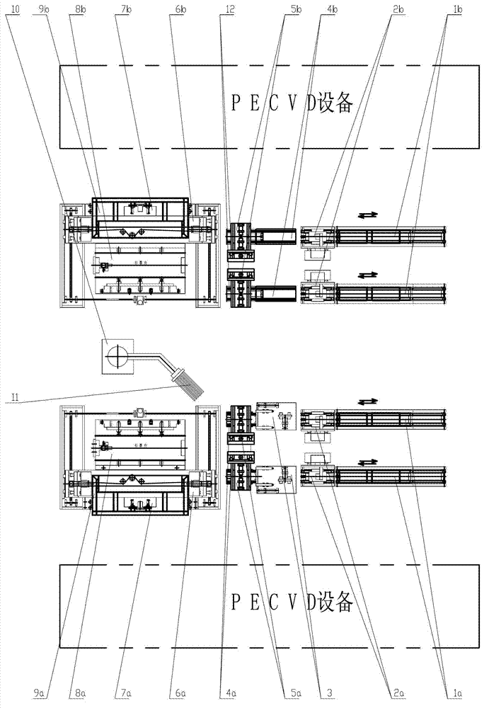 Silicon wafer automatic feeding and discharging device for plasma enhanced chemical vapor deposition (PECVD) device