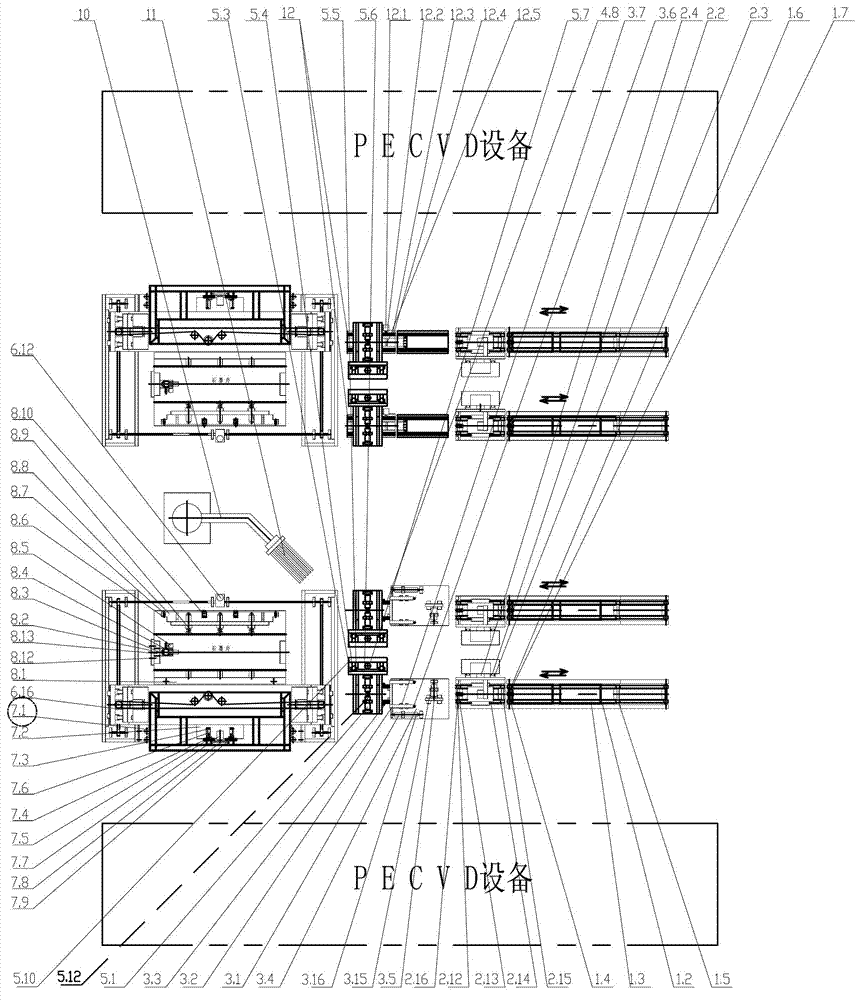 Silicon wafer automatic feeding and discharging device for plasma enhanced chemical vapor deposition (PECVD) device