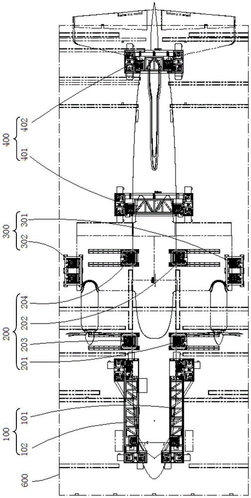 Flexible supporting and positioning system for docking of large airplane components