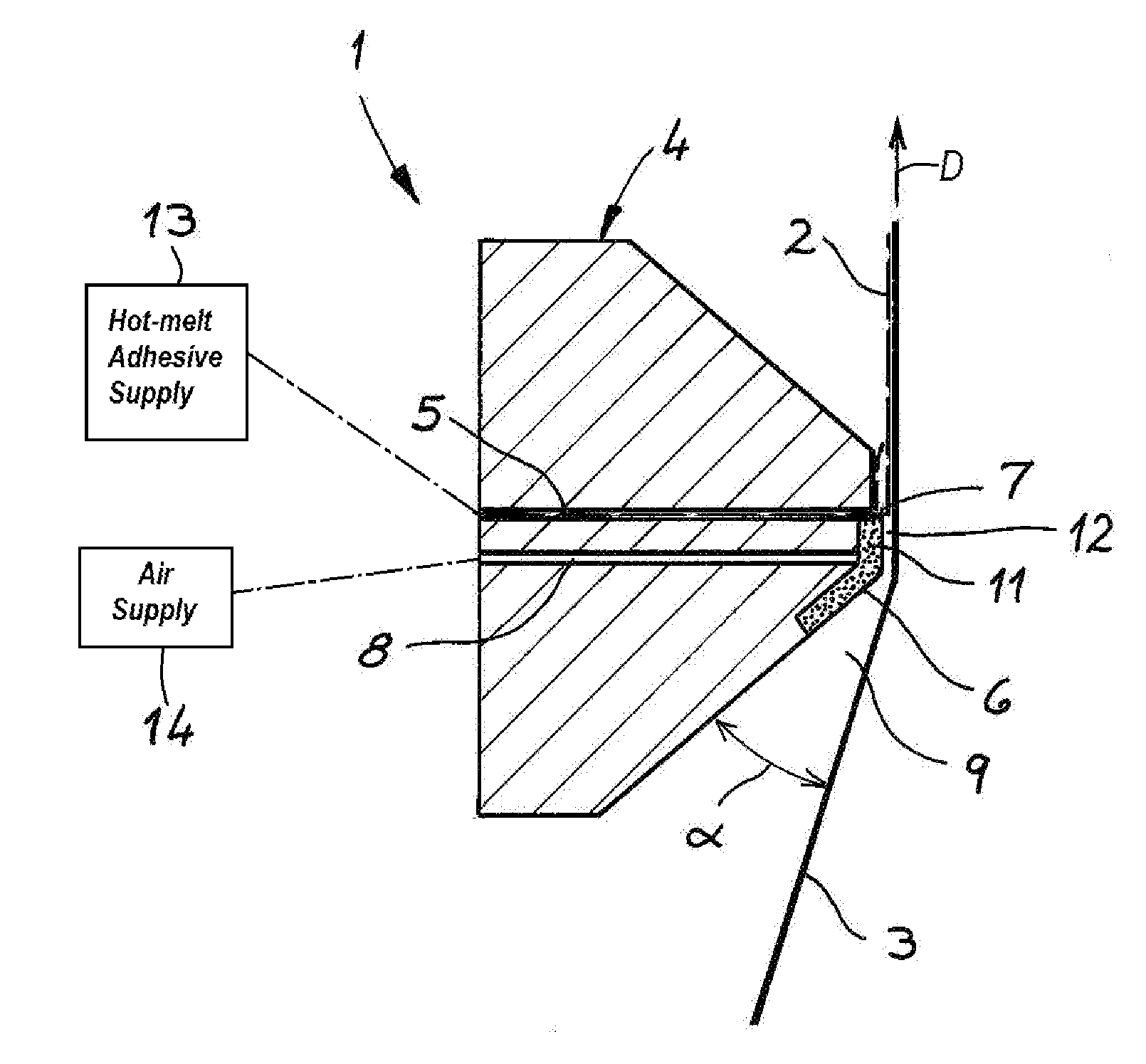 Self-cleaning nozzle for applying adhesive to a moving web