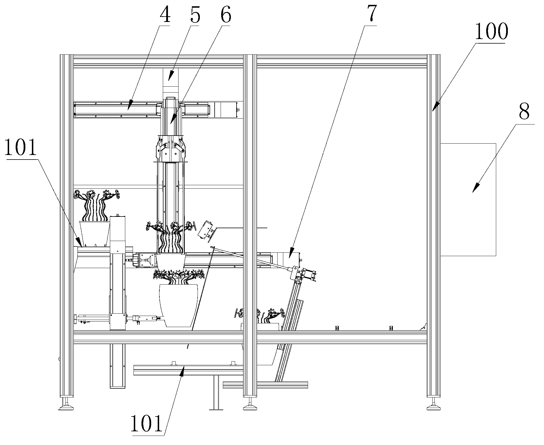 Automatic packing device for potted flower cap bags and system equipment thereof