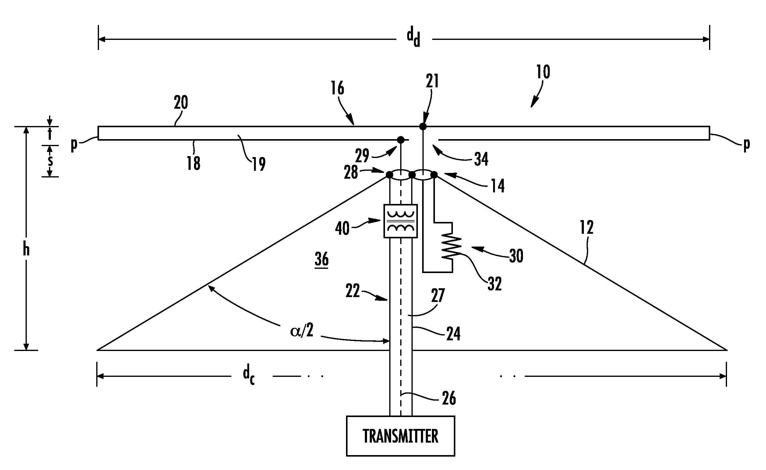 Broadband terminated discone antenna and associated methods