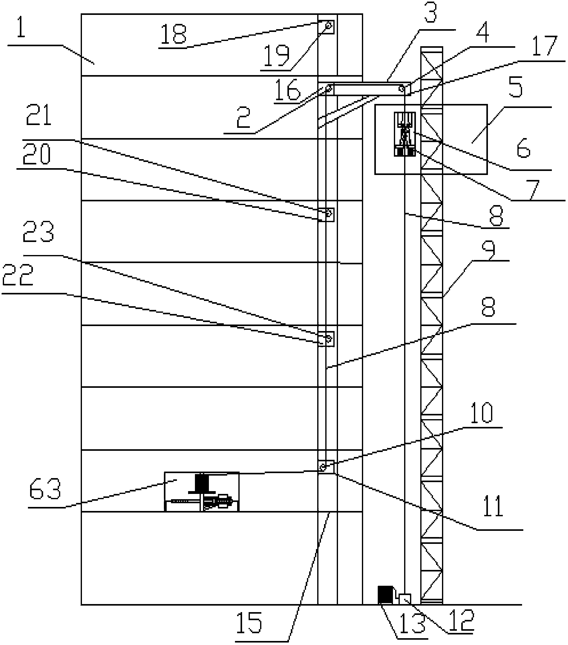 Falling protection system for building construction elevators