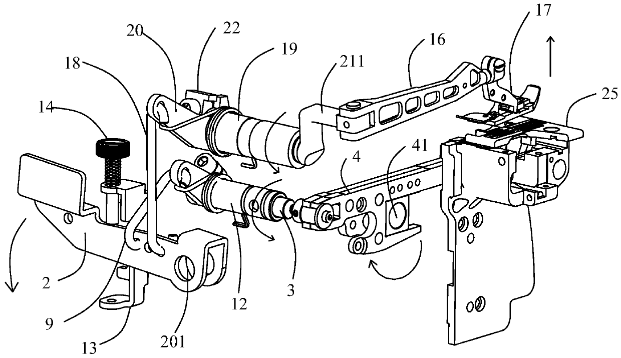 A downward movement structure of a feeding mechanism controlled by a presser foot lifting mechanism and a sewing machine