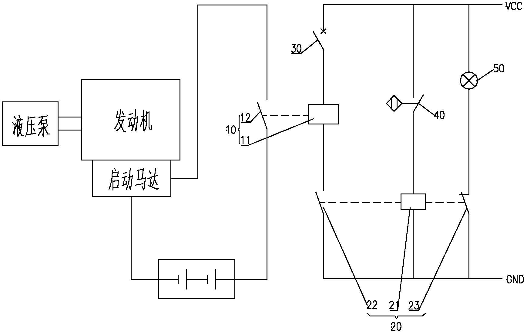 Start protective device, method and engineering machinery of hydraulic system