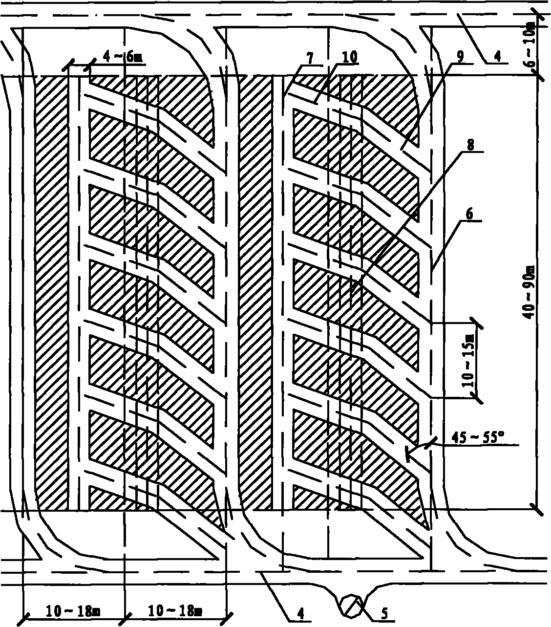 Mine down-hole double-stope bottom structure