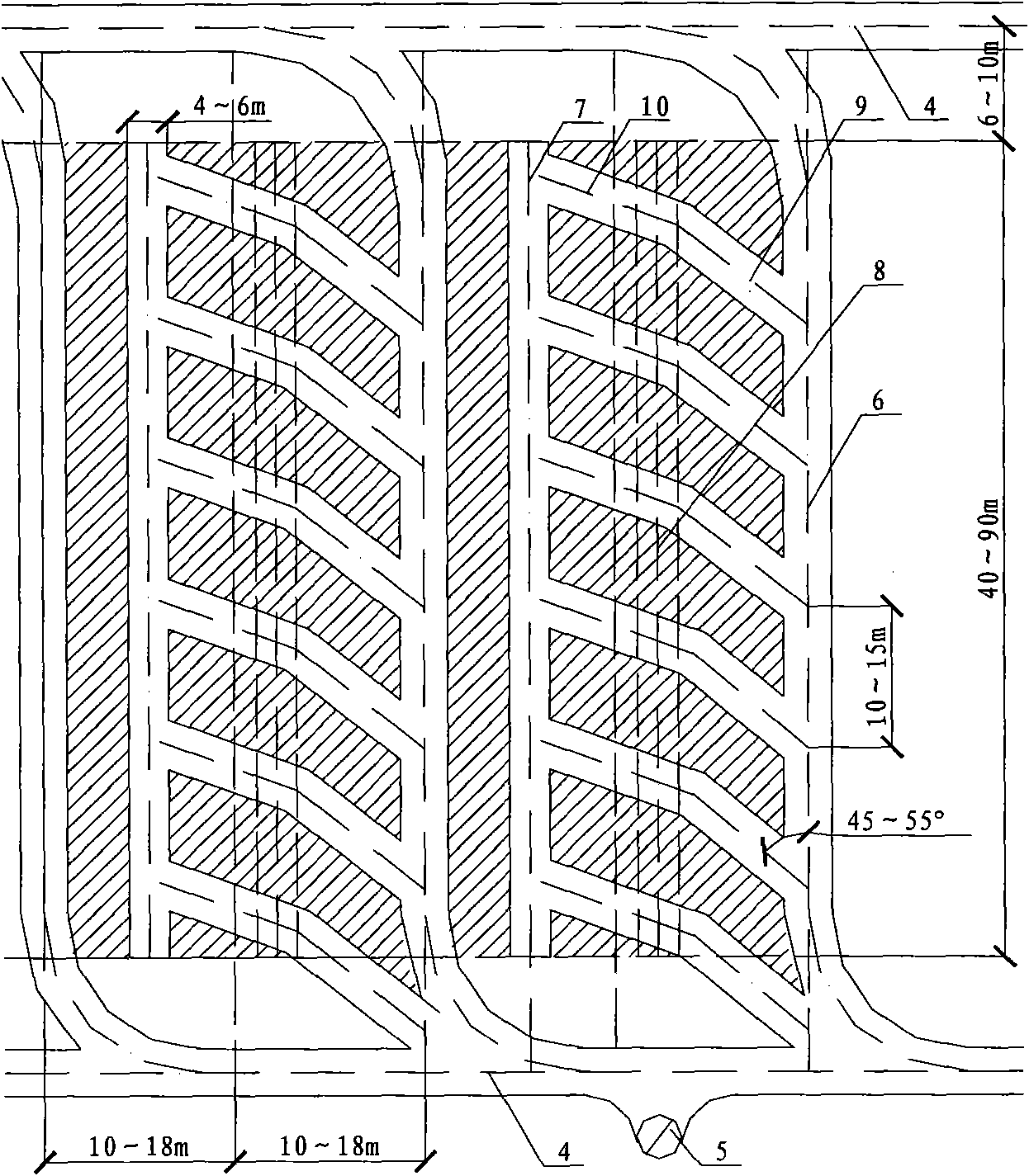 Mine down-hole double-stope bottom structure