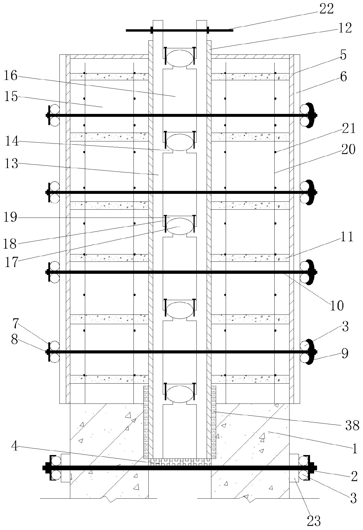 Long and narrow deformation joint of double shear wall and construction method