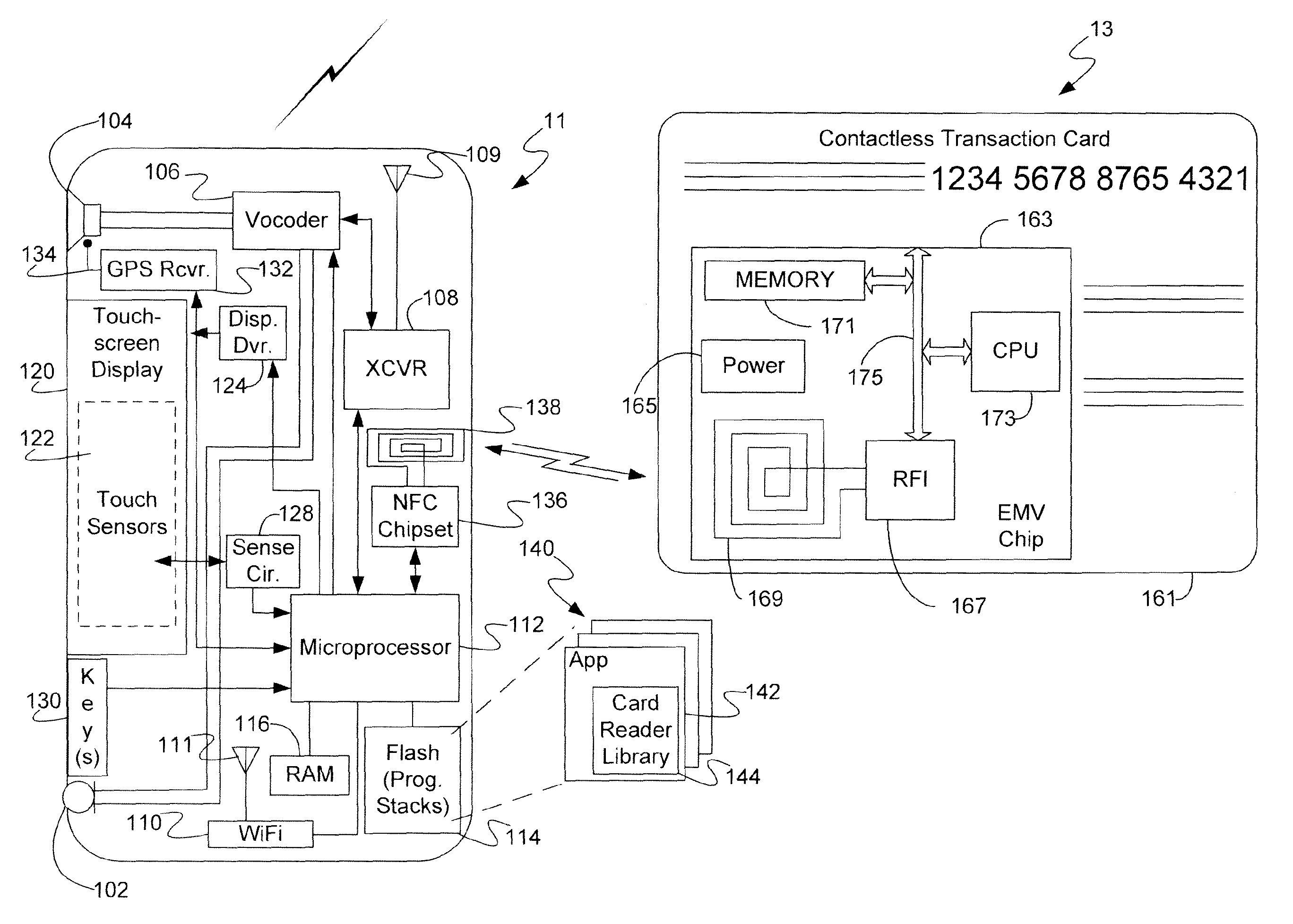 Payment or other transaction through mobile device using NFC to access a contactless transaction card