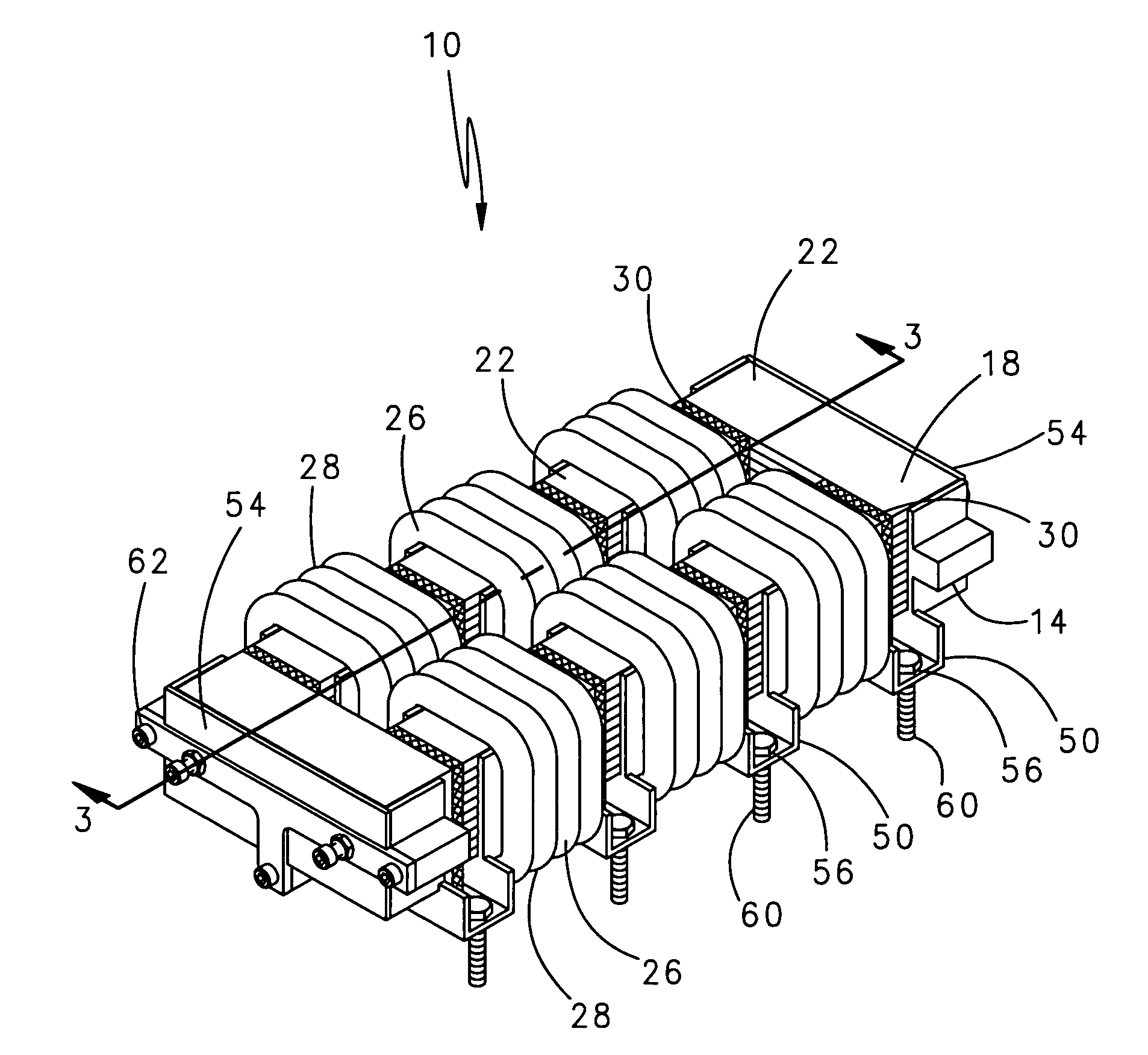 High current, multiple air gap, conduction cooled, stacked lamination inductor