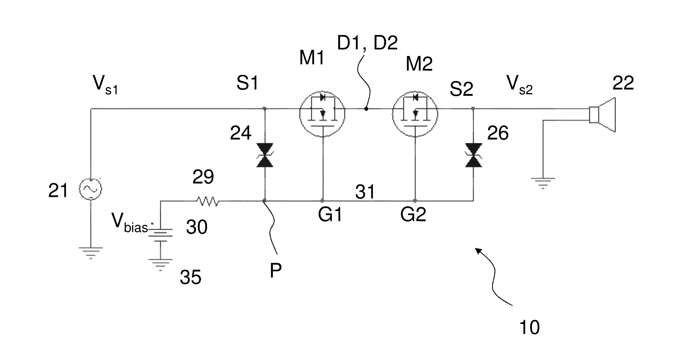 Solid state relay circuit arrangement for audio signals and switching system