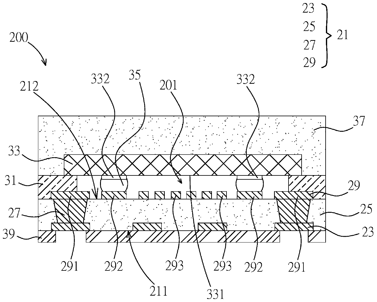 Surface acoustic wave filter packaging structure and manufacturing method thereof