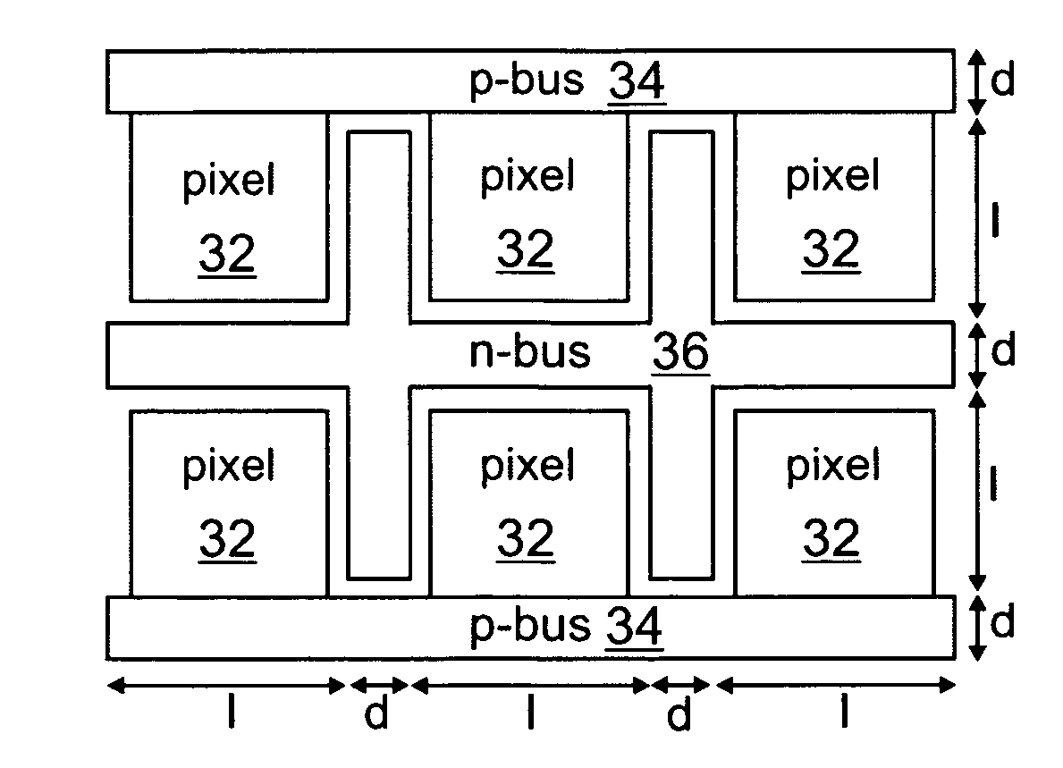 Interdigitated multi-pixel arrays for the fabrication of light-emitting devices with very low series-resistances and improved heat-sinking