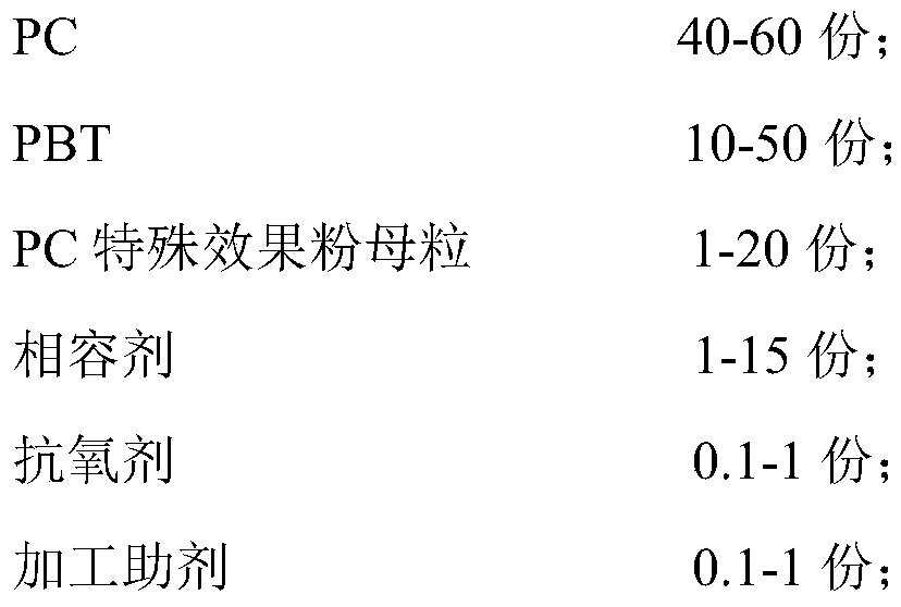 Spraying-free PC/PBT alloy material and preparation method thereof