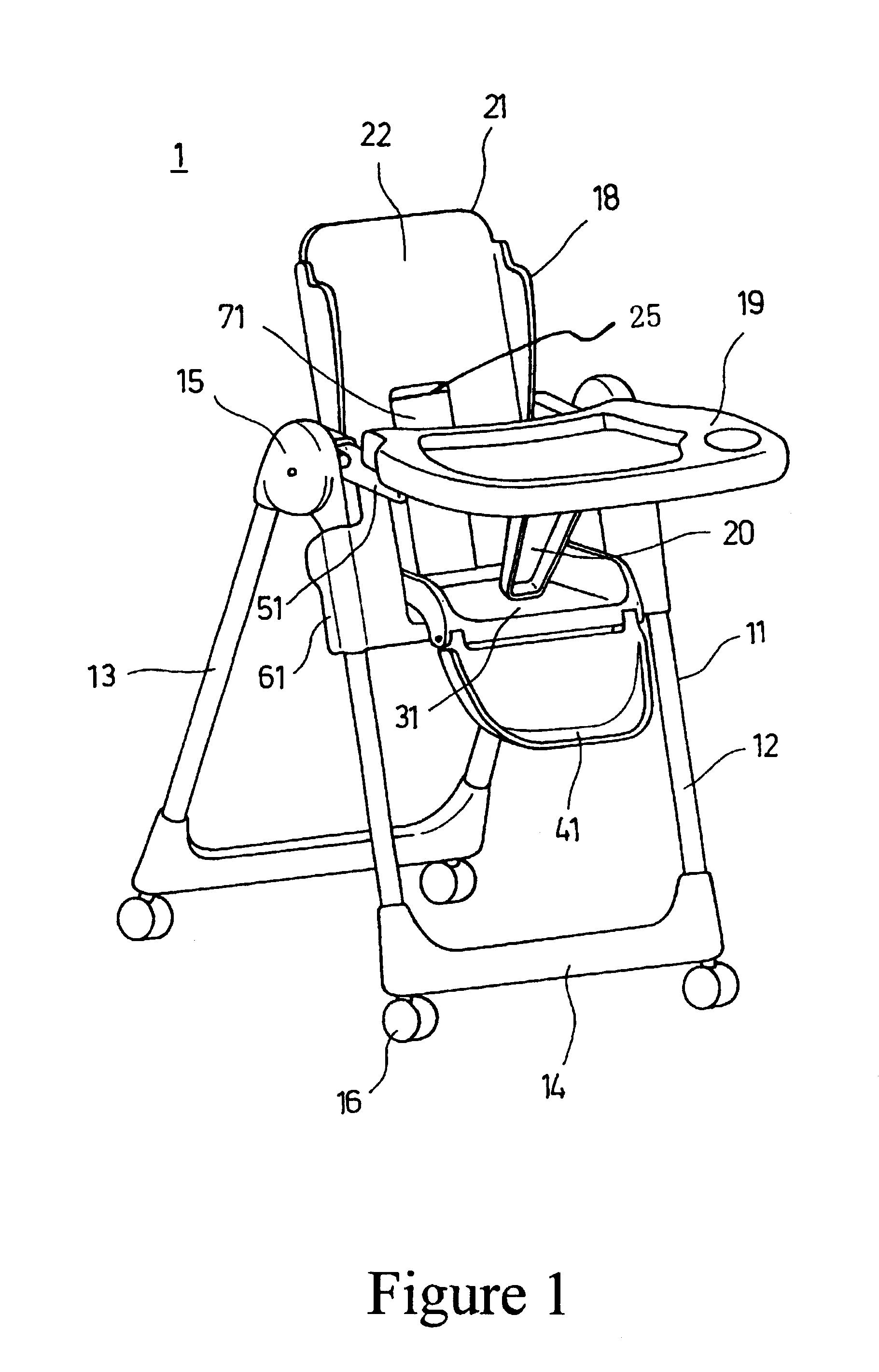 Backrest adjusting mechanism used in high chair for infants, toddlers, and small children