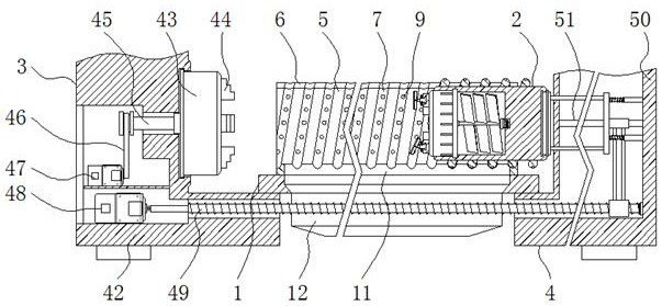 A mechanical double-knife cutting device with a horizontal spiral feed track