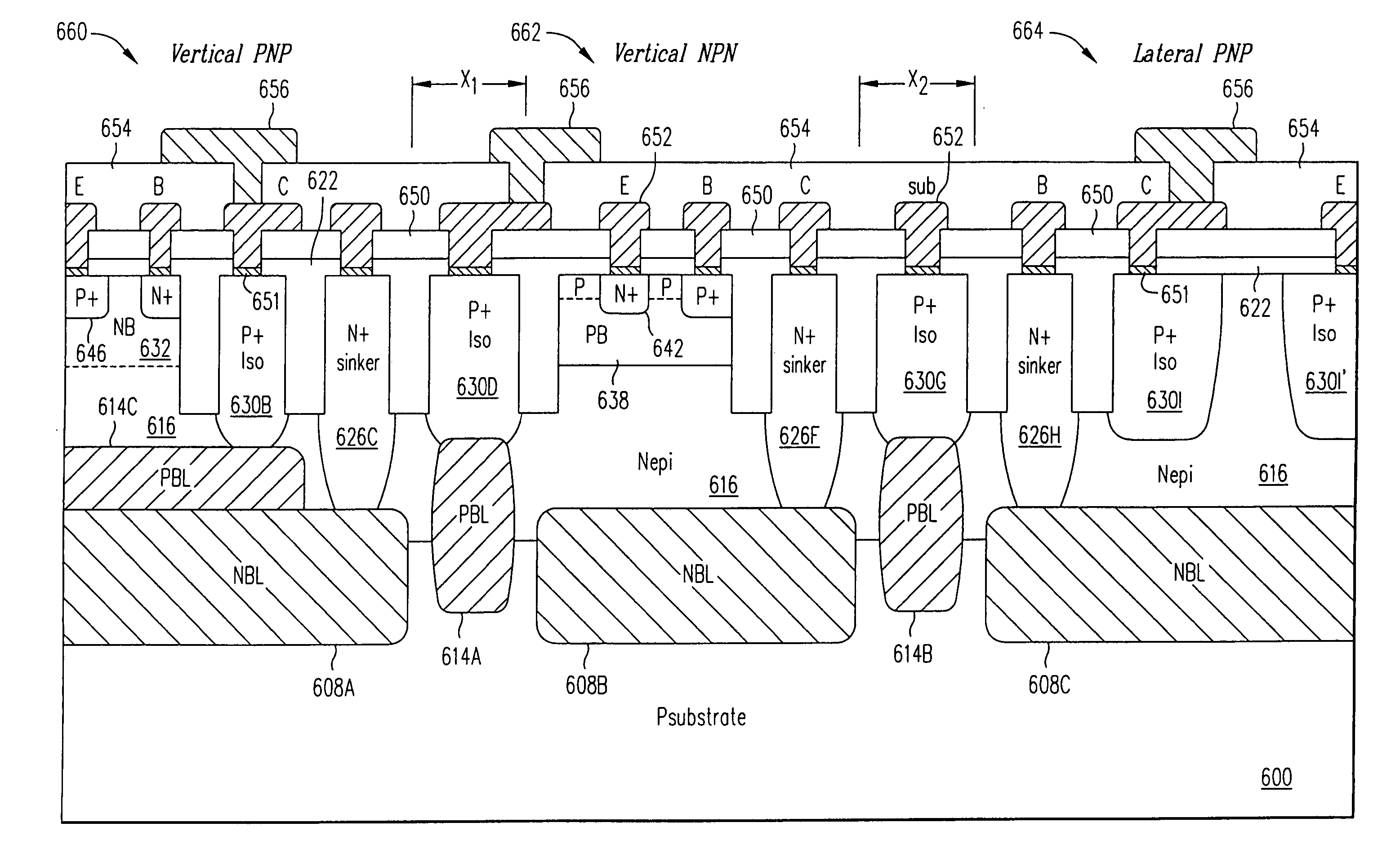 Complementary analog bipolar transistors with trench-constrained isolation diffusion